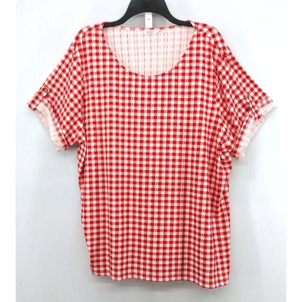 Kaktus Shirt Womens Size 1X Red White Checkered Short Roll Tab Sleeve Top